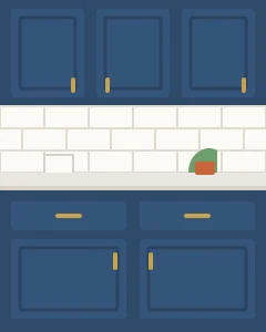 Illustration: kitchen cabinets painted navy with brass pulls