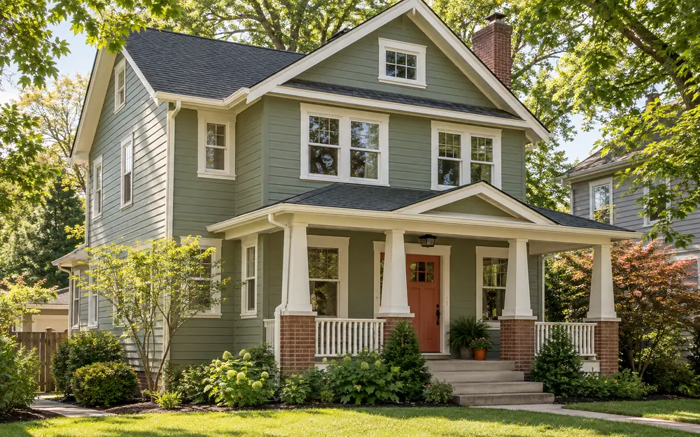AI-generated example: exterior of a two-story house freshly painted in sage green
