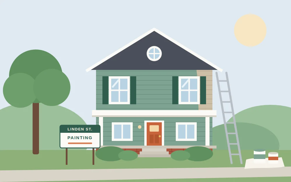 Illustration: a two-story house with fresh sage-green siding, a ladder at the eaves, and a painting company yard sign