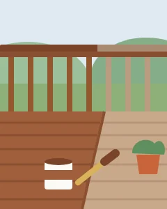 Illustration: a backyard deck partly stained a warm brown