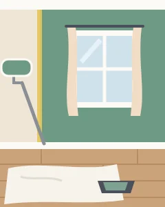 Illustration: a living room wall half-painted green with a roller and drop cloth
